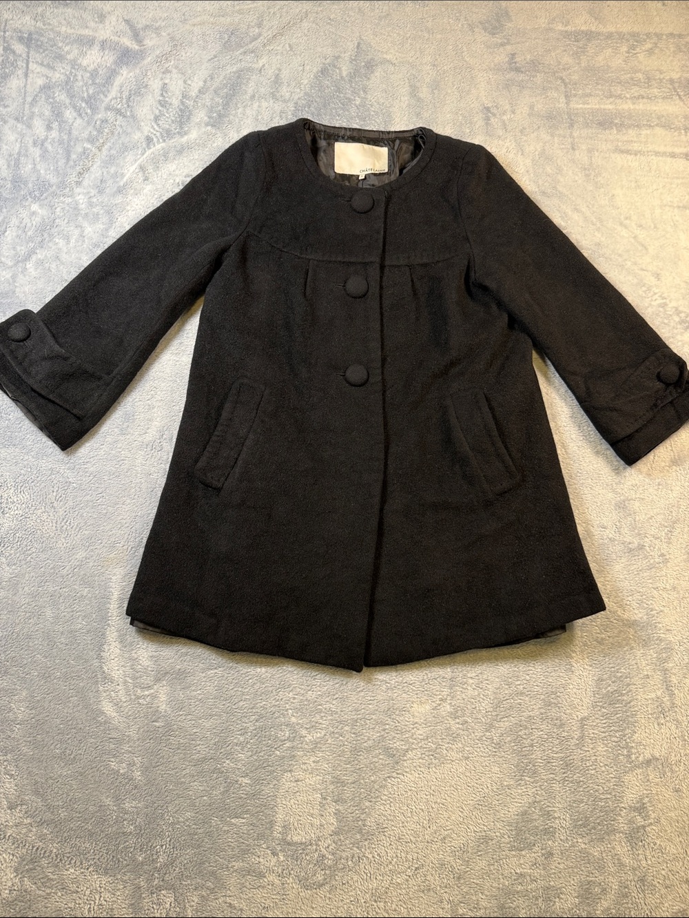 Chatelaine Women’s Black A line Wool-Blend Swing Pea Coat with Covered Buttons